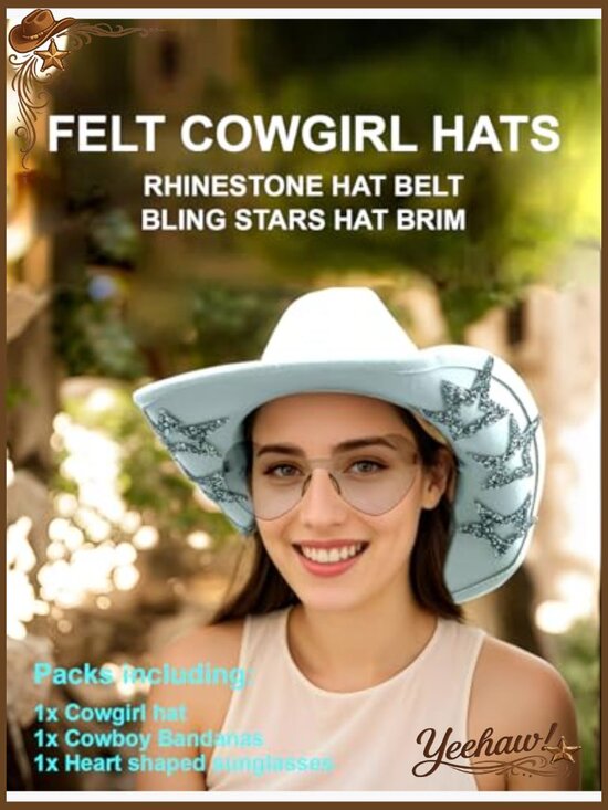 Sparkly Cowboy Hat with Rhinestone Belt & 6 Stars, Includes Sunglasses & main image 7